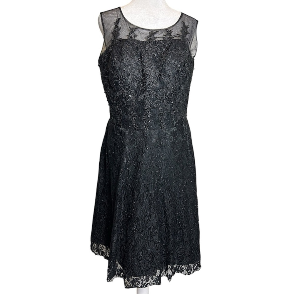 Black Sleeveless Lace Cocktail Dress with Lace-Up Back – Size 8 Adjustable Fit